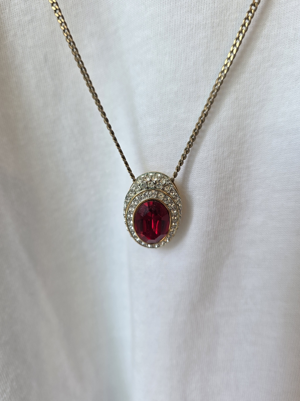 Gold-Tone Necklace with Red Oval Crystal Pendant #6